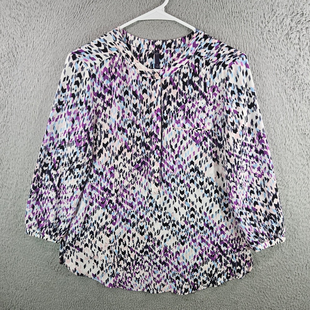 NYDJ Womens Small Blouse Purple Geometric Chevron Print 3/4 Sleeve Pleated Back